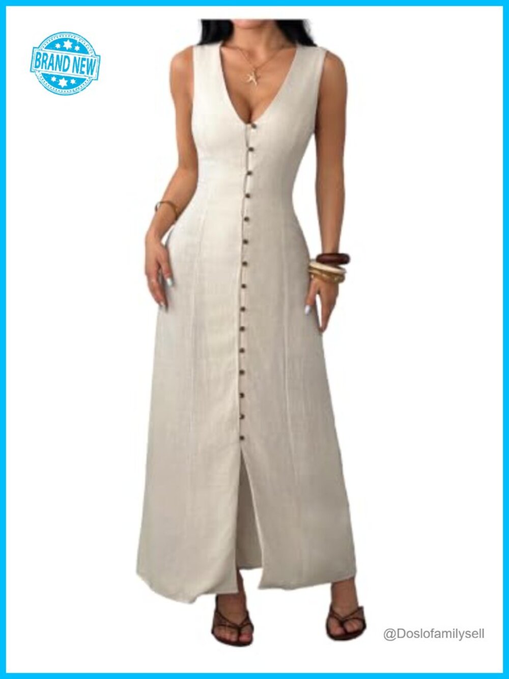 Women's V Neck Button Down Fitted Maxi Dress Sleeveless Summer